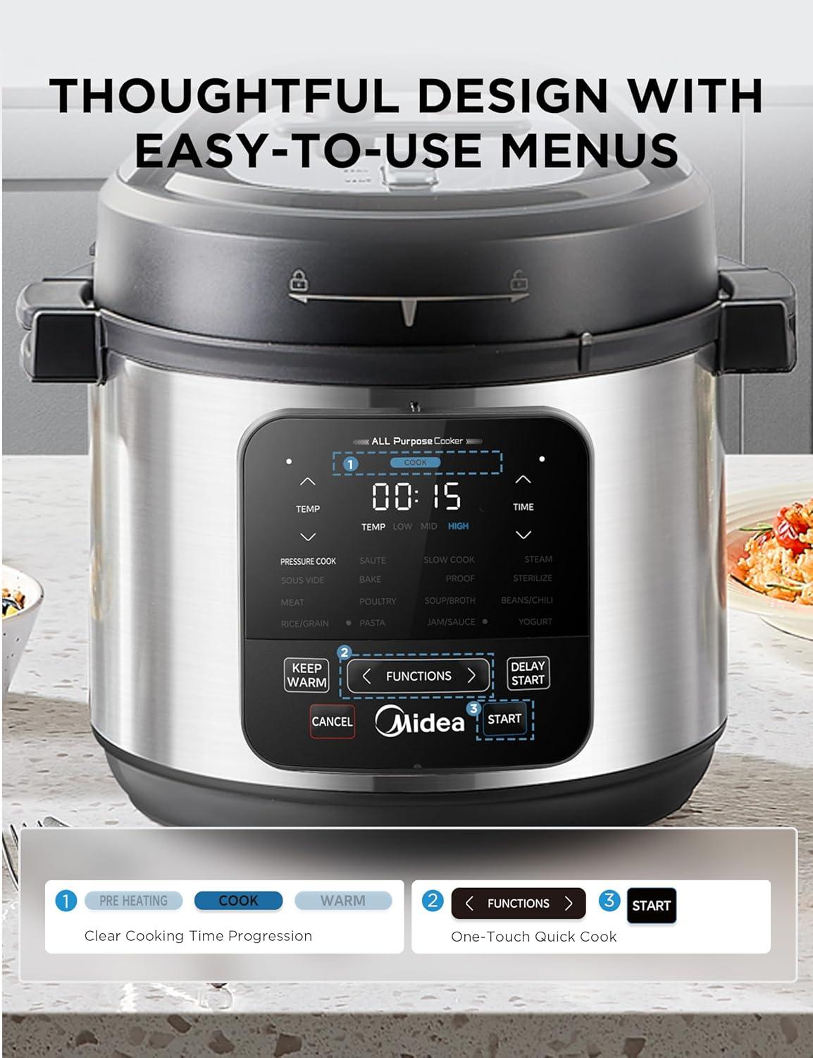 image:imageMidea 10in1 Electric Pressure Cooker with Slow Cooker Steamer Saute Sous Vide and Bake Modes Stovetop amp Oven Safe Stainless Steel Pot 6 Quarts