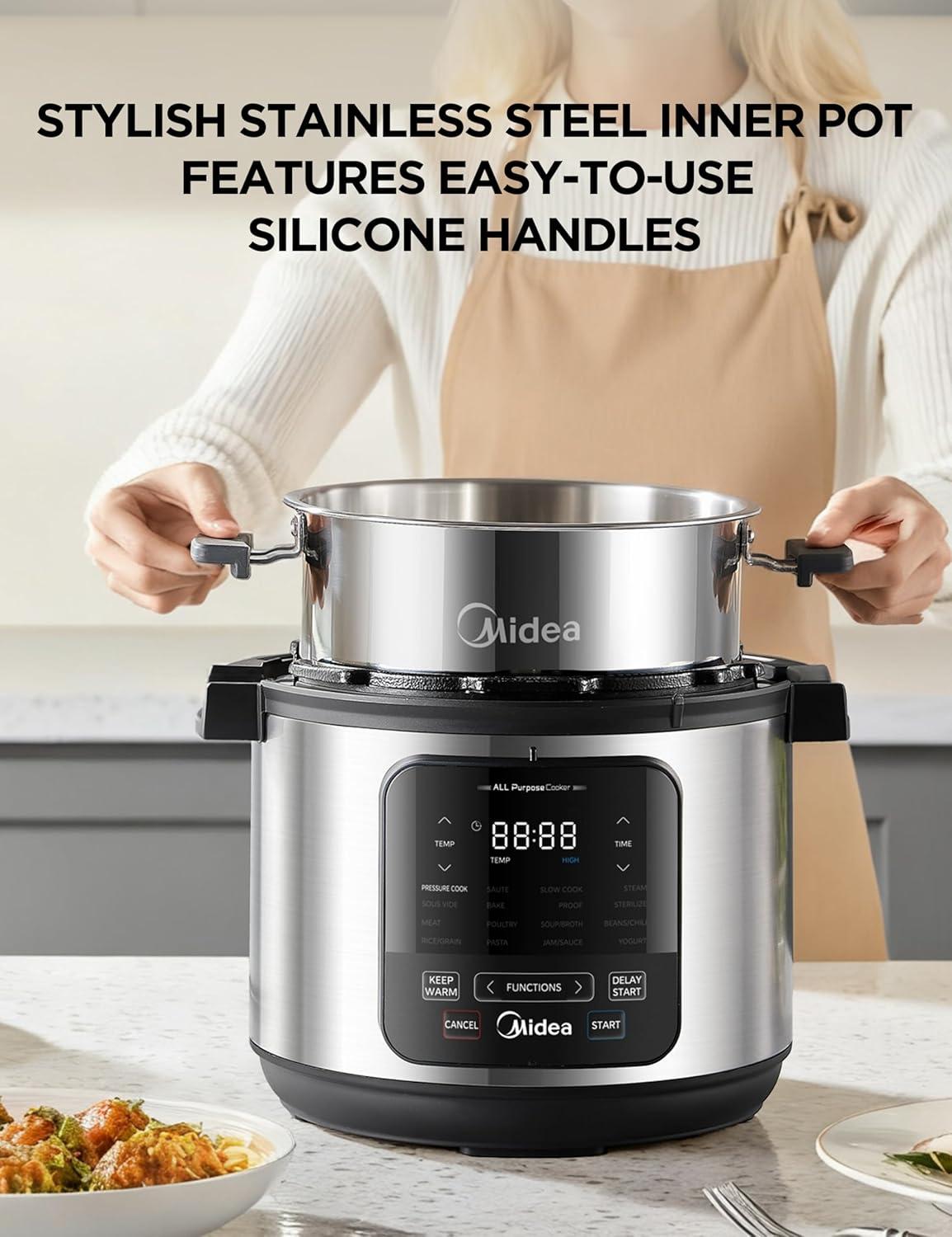 image:imageMidea 10in1 Electric Pressure Cooker with Slow Cooker Steamer Saute Sous Vide and Bake Modes Stovetop amp Oven Safe Stainless Steel Pot 6 Quarts
