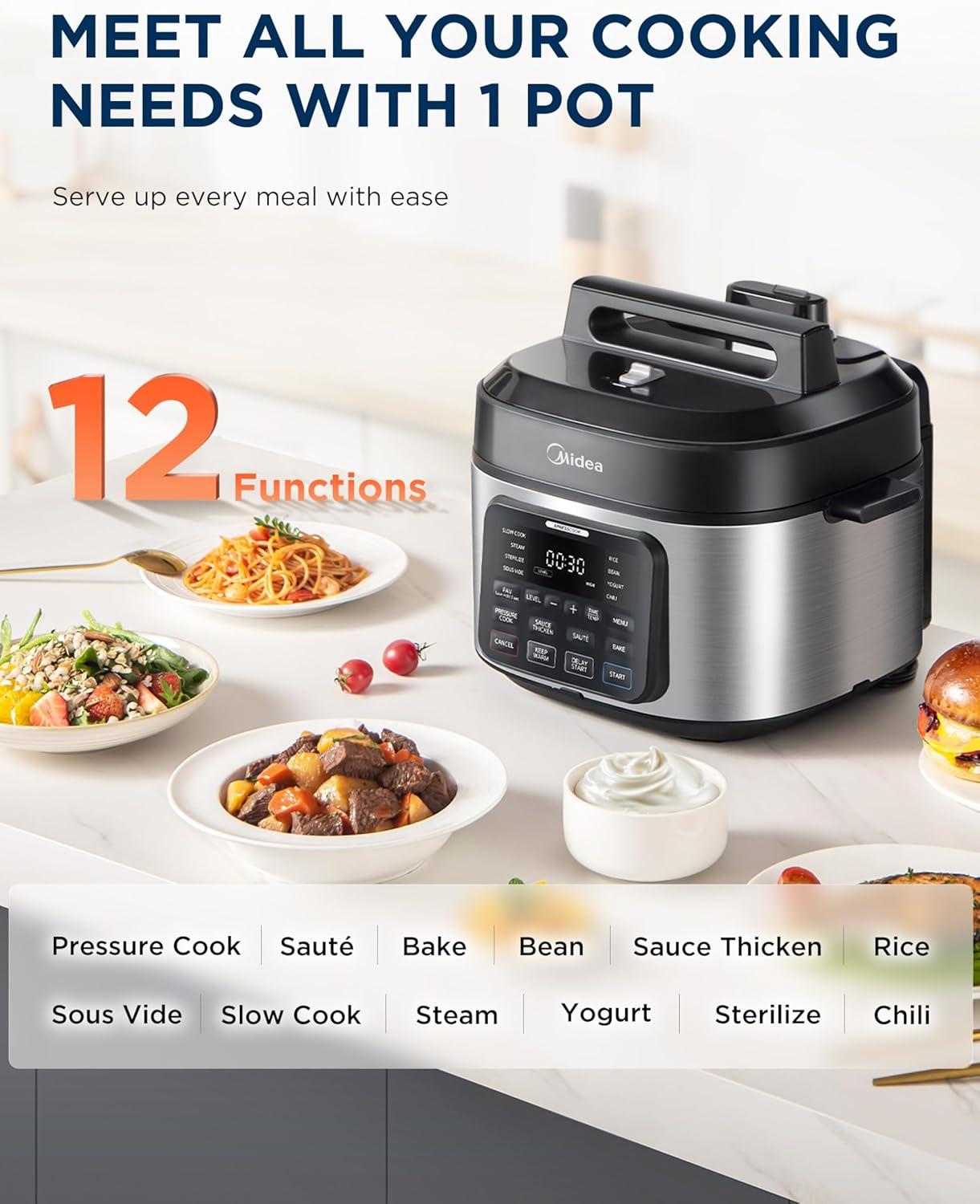 image:imageMidea 12in1 Electric Pressure Cooker 8 Quarts 12 Presets MultiFunctional Programmable Slow Cooker Rice Cooker Steamer Saut Pan Yogurt Maker and More Stainless SteelBlack