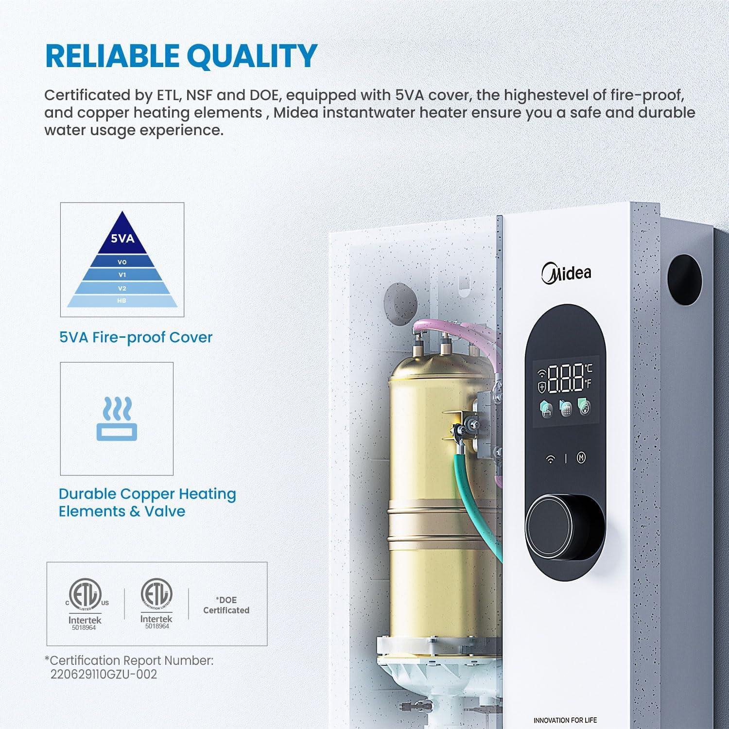 image:imageMidea 13KW Electric Tankless Water Heater Touch Control WiFi Control LED Display Child Mode 240 Volts with Automatic Power Modulation Ondemand Hot Water White18KW