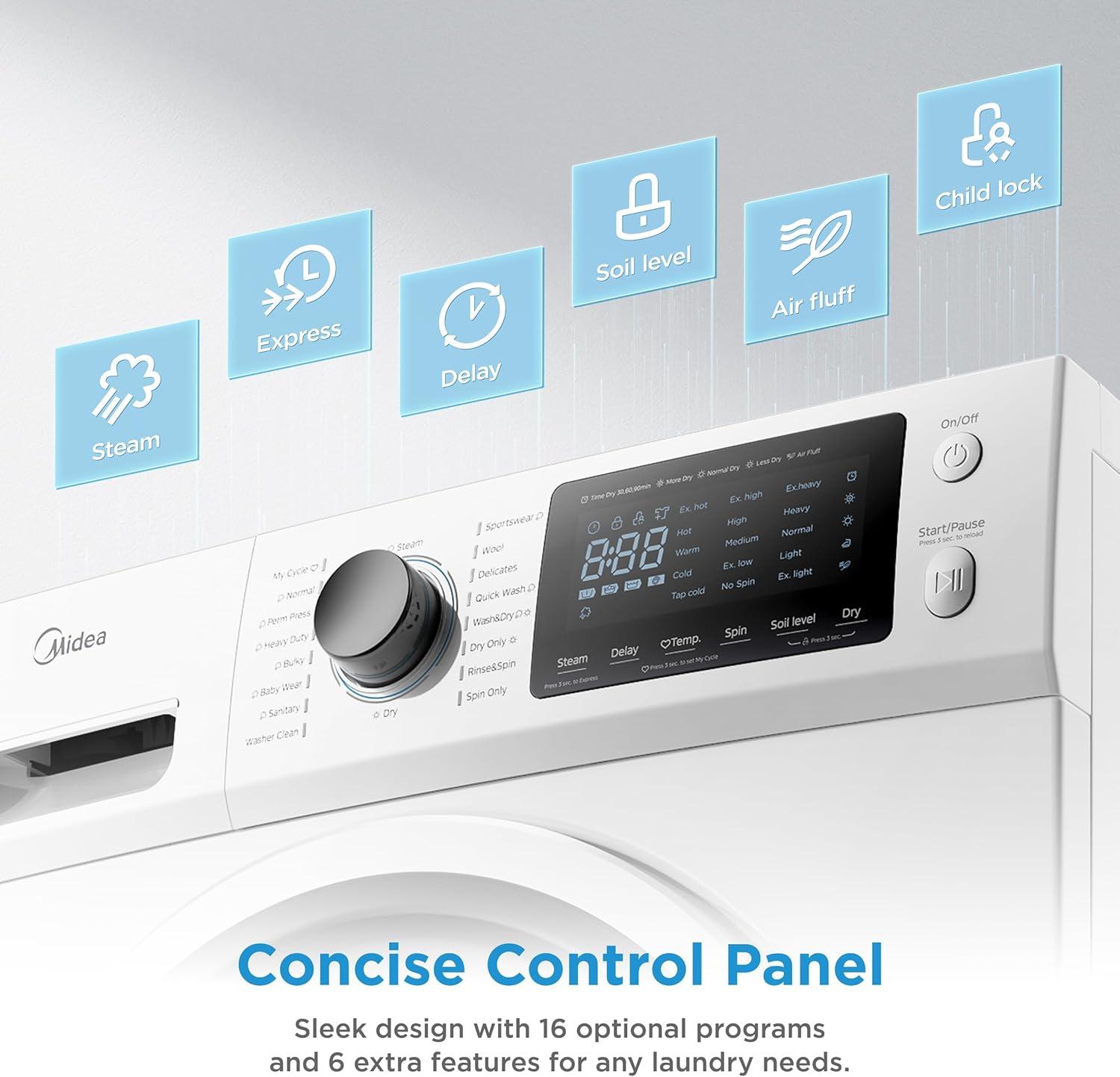 image:imageMidea 24 Inch Washer and Dryer Combo All in One Washer and Dryer 27 cuft 26lbs Ventless Washing Machine Steam Care Overnight Dry 1400 RPM 16 Cycles Front Load Washer FullAutomatic White