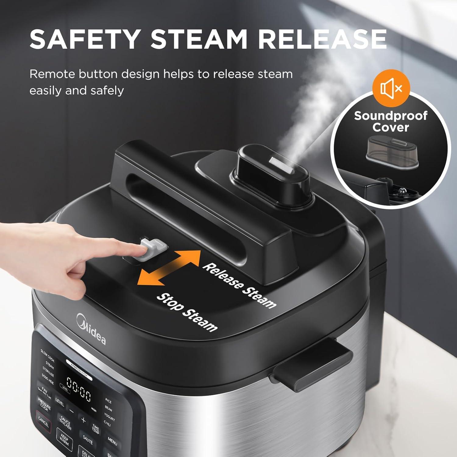 image:imageMidea 9in1 Multi Cooker 6L with 12 Cooking Functions Pressure Cook SlowampRice Cooker Sous Vide Cake Maker etc 70 Faster NonStick Brushed Steel amp Black