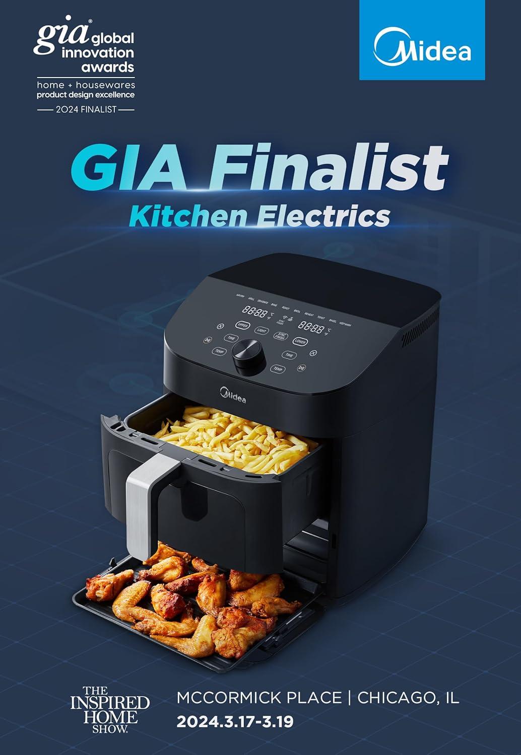 image:imageMidea Dual Basket Air Fryer Oven 11 Quart 8 in 1 Functions Clear Window Smart Sync Finish Works with Alexa WiFi Connectivity 50 App Recipes for family meals Bake Roast Grill Broil Toast