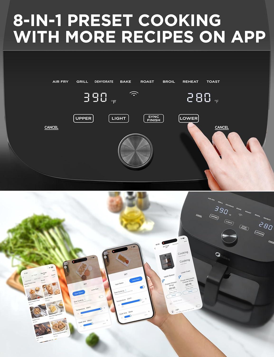 image:imageMidea Dual Basket Air Fryer Oven 11 Quart 8 in 1 Functions Clear Window Smart Sync Finish Works with Alexa WiFi Connectivity 50 App Recipes for family meals Bake Roast Grill Broil Toast