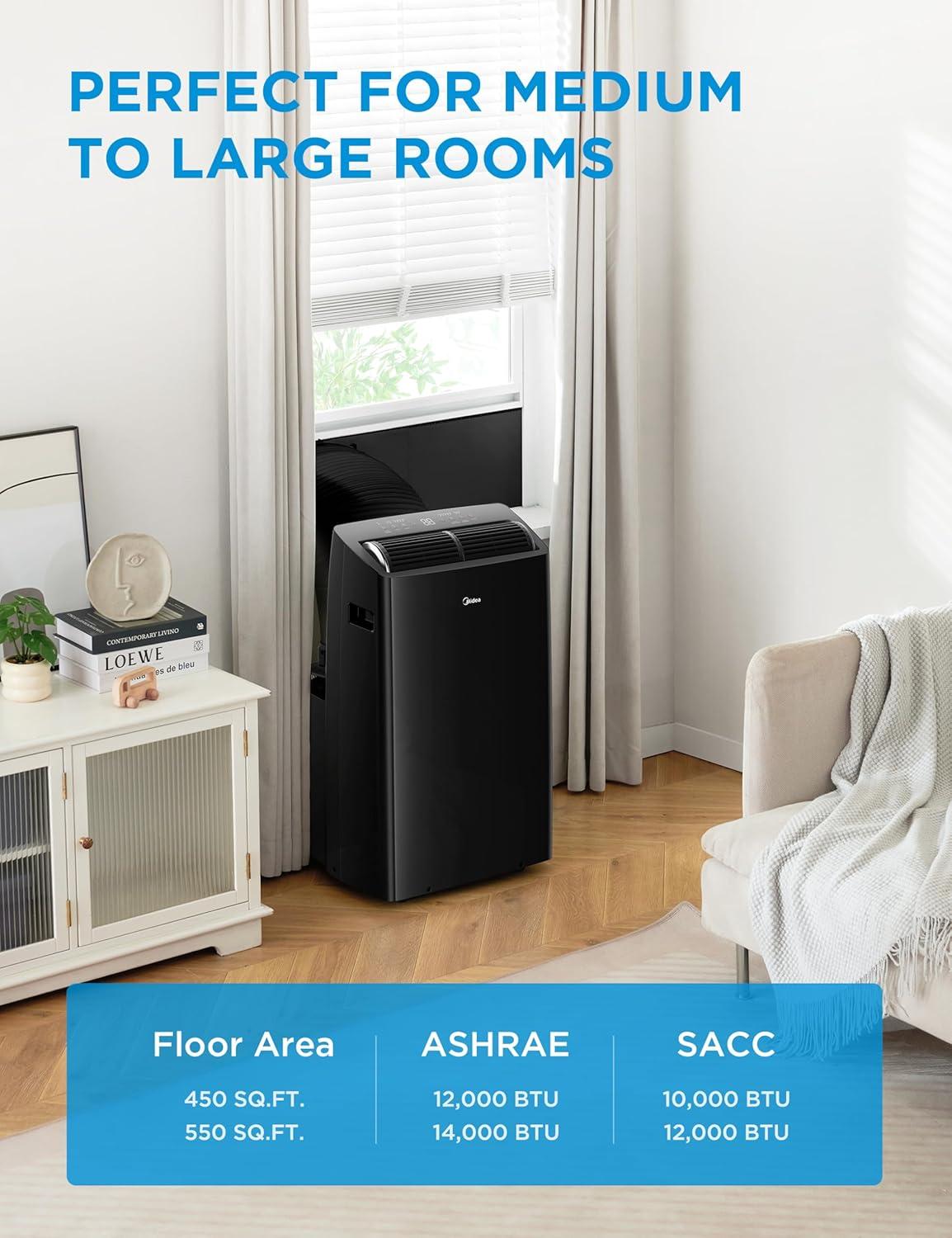 image:imageMidea Duo 14000 BTU 12000 BTU SACC High Efficiency Inverter Ultra Quiet Portable Air Conditioner Cools up to 550 Sq Ft Works with AlexaGoogle Assistant Includes Remote Control amp Window KitBlack