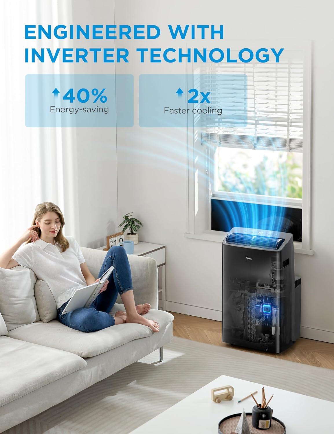 image:imageMidea Duo 14000 BTU 12000 BTU SACC High Efficiency Inverter Ultra Quiet Portable Air Conditioner Cools up to 550 Sq Ft Works with AlexaGoogle Assistant Includes Remote Control amp Window KitBlack