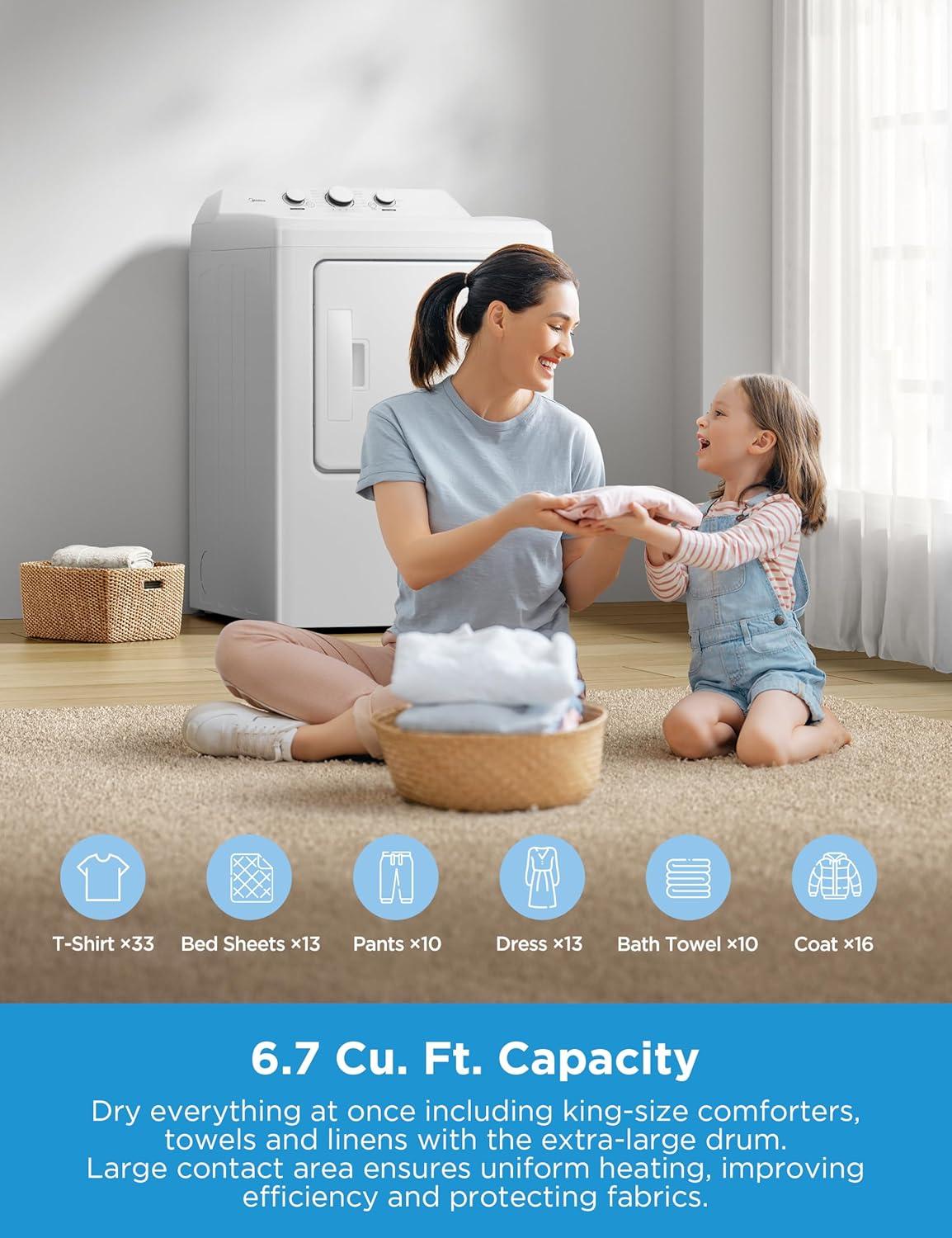 image:imageMidea MLTE37N1BWW Gas Dryer Sensor Dry Wrinkle Care Air Fluff EasyUsing Control Panel 12 Total Cycles 67 Cuft WhiteElectric