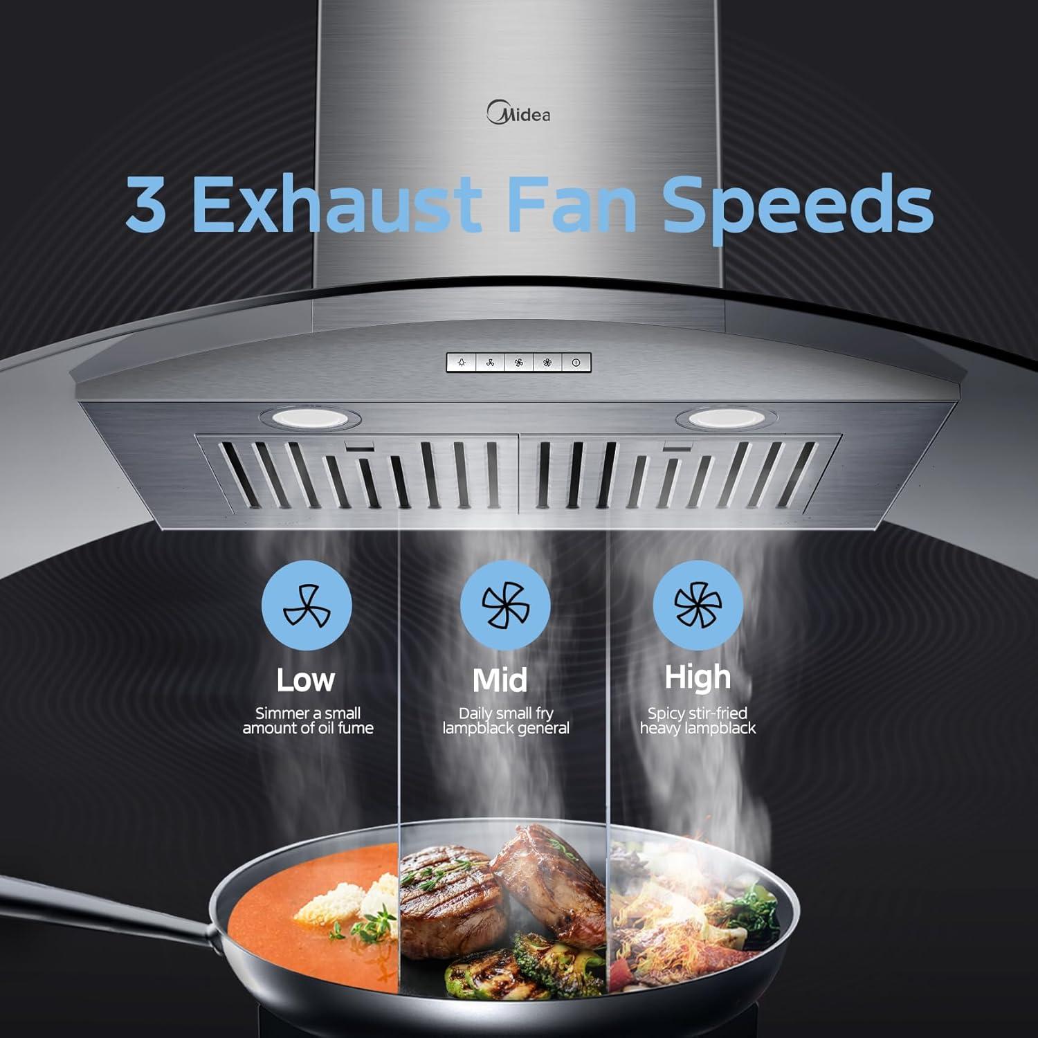 image:imageMidea MVP30W6AST Ducted Pyramid Range 450 CFM Stainless Steel Wall Mount Vent Hood with 3 Speed Exhaust Fan 5Layer Aluminum Permanent Filters Two LED Lights Convertible to Ductless 30 inchesCurved Glass Hood