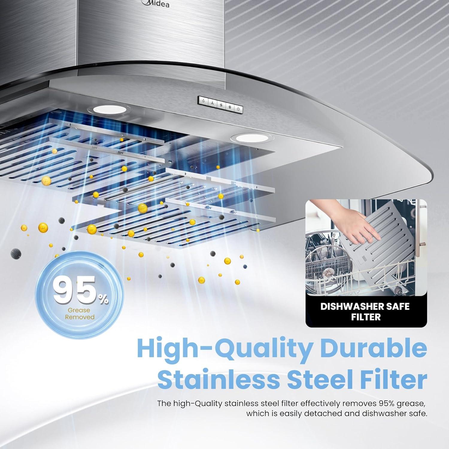 image:imageMidea MVP30W6AST Ducted Pyramid Range 450 CFM Stainless Steel Wall Mount Vent Hood with 3 Speed Exhaust Fan 5Layer Aluminum Permanent Filters Two LED Lights Convertible to Ductless 30 inchesCurved Glass Hood