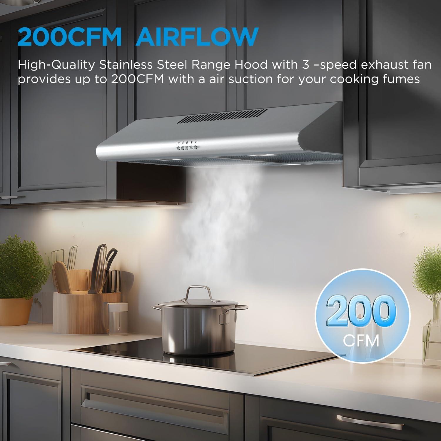 image:imageMidea MVP30W6AST Ducted Pyramid Range 450 CFM Stainless Steel Wall Mount Vent Hood with 3 Speed Exhaust Fan 5Layer Aluminum Permanent Filters Two LED Lights Convertible to Ductless 30 inchesUnder Cabinet Vent