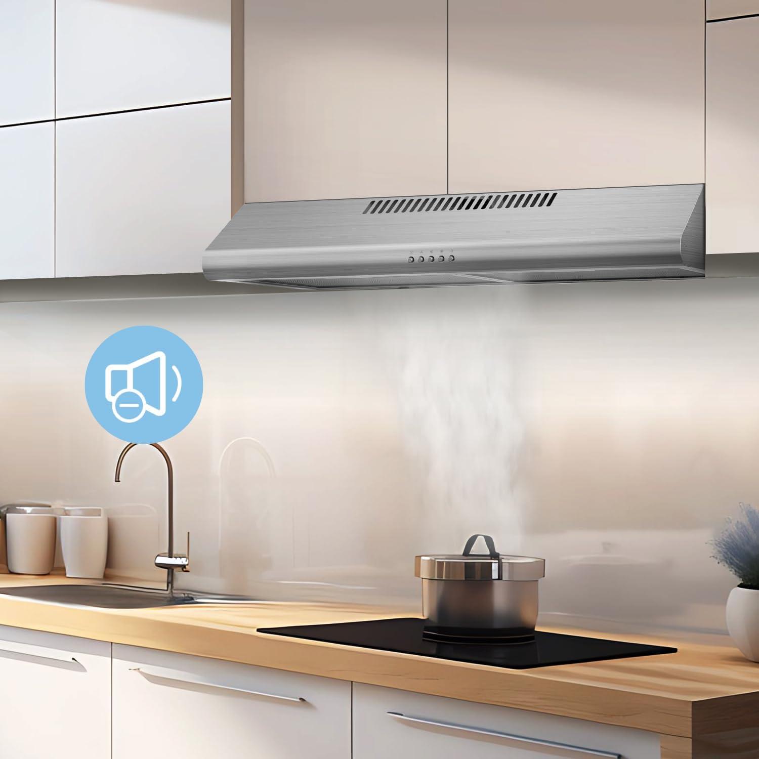 image:imageMidea MVP30W6AST Ducted Pyramid Range 450 CFM Stainless Steel Wall Mount Vent Hood with 3 Speed Exhaust Fan 5Layer Aluminum Permanent Filters Two LED Lights Convertible to Ductless 30 inchesUnder Cabinet Vent