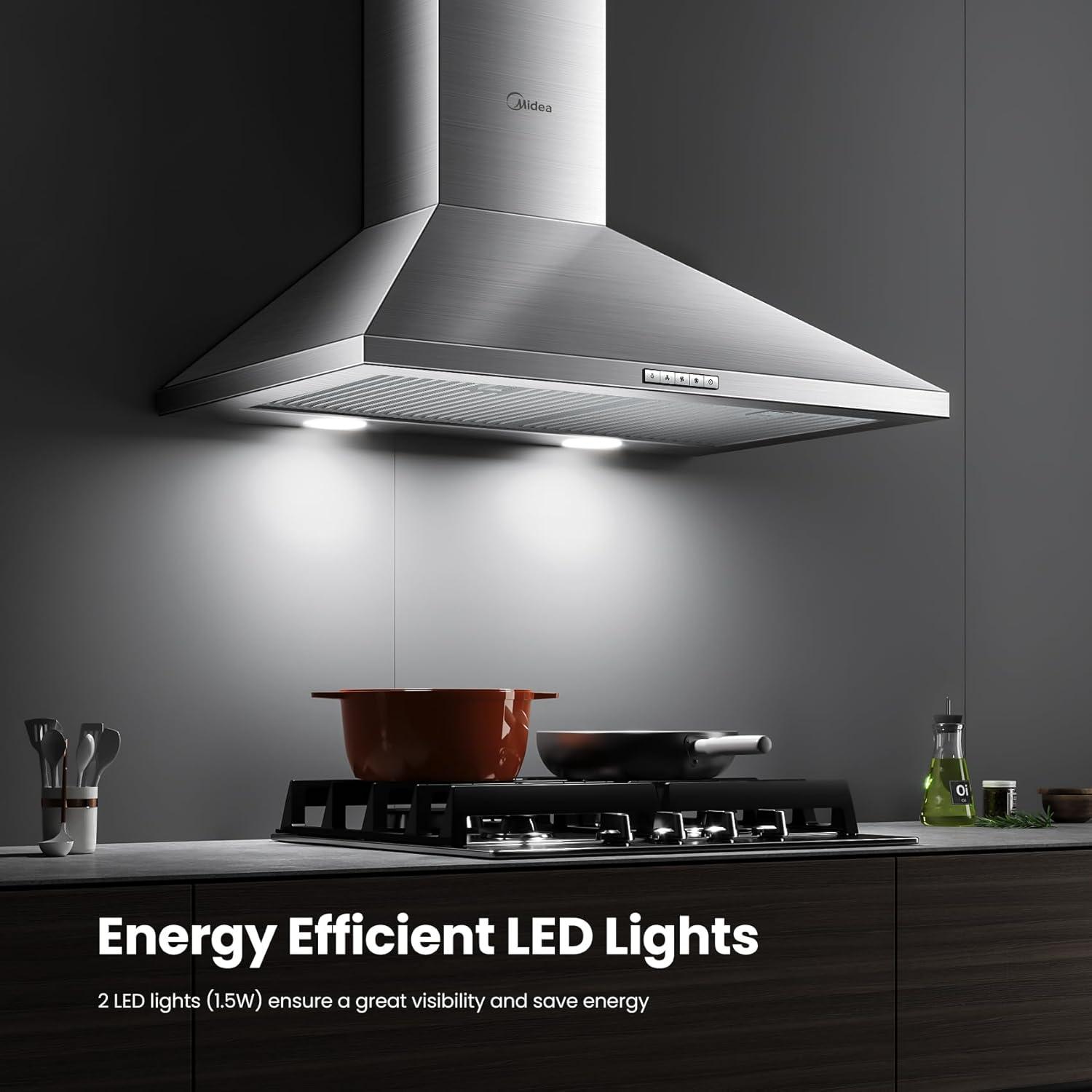 image:imageMidea MVP30W6AST Ducted Pyramid Range 450 CFM Stainless Steel Wall Mount Vent Hood with 3 Speed Exhaust Fan 5Layer Aluminum Permanent Filters Two LED Lights Convertible to Ductless 30 inchesPyramid Hood