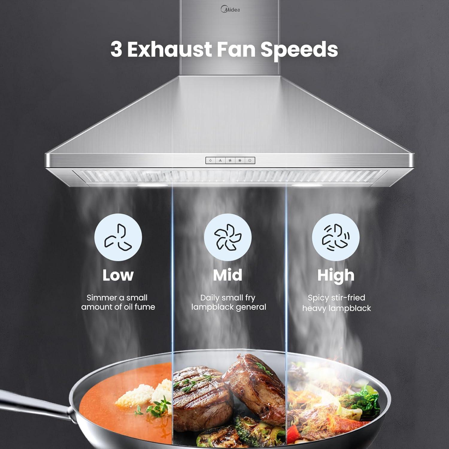 image:imageMidea MVP30W6AST Ducted Pyramid Range 450 CFM Stainless Steel Wall Mount Vent Hood with 3 Speed Exhaust Fan 5Layer Aluminum Permanent Filters Two LED Lights Convertible to Ductless 30 inchesPyramid Hood