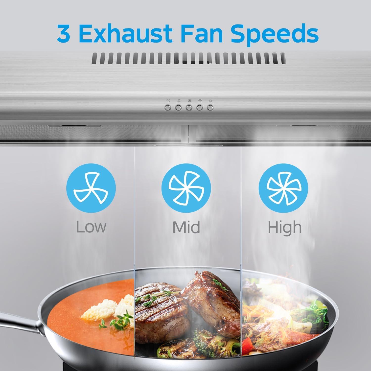 image:imageMidea MVP30W6AST Ducted Pyramid Range 450 CFM Stainless Steel Wall Mount Vent Hood with 3 Speed Exhaust Fan 5Layer Aluminum Permanent Filters Two LED Lights Convertible to Ductless 30 inchesUnder Cabinet Vent