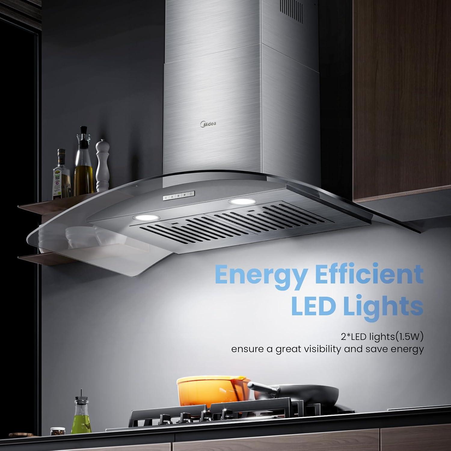 image:imageMidea MVP30W6AST Ducted Pyramid Range 450 CFM Stainless Steel Wall Mount Vent Hood with 3 Speed Exhaust Fan 5Layer Aluminum Permanent Filters Two LED Lights Convertible to Ductless 30 inchesCurved Glass Hood