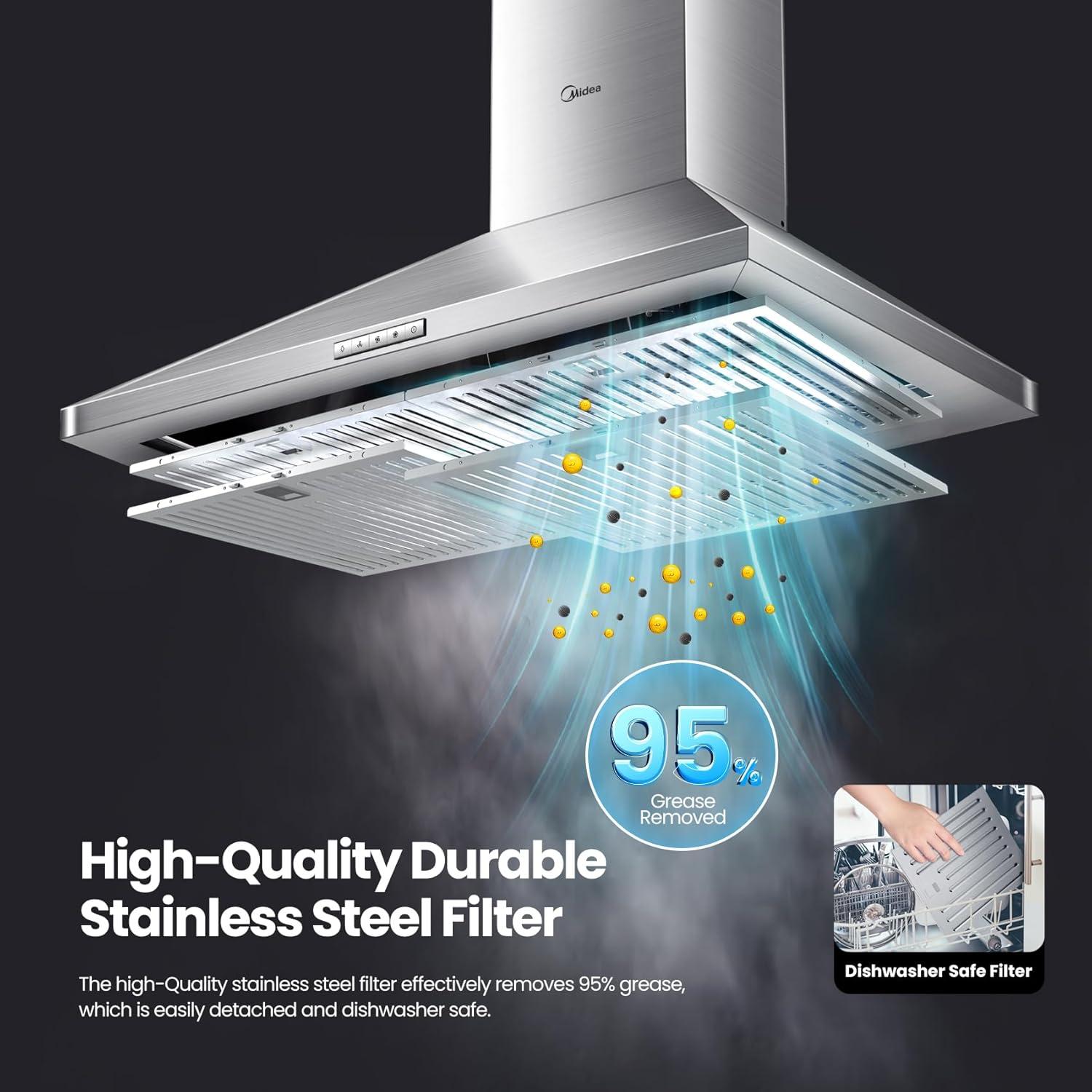 image:imageMidea MVP30W6AST Ducted Pyramid Range 450 CFM Stainless Steel Wall Mount Vent Hood with 3 Speed Exhaust Fan 5Layer Aluminum Permanent Filters Two LED Lights Convertible to Ductless 30 inchesPyramid Hood