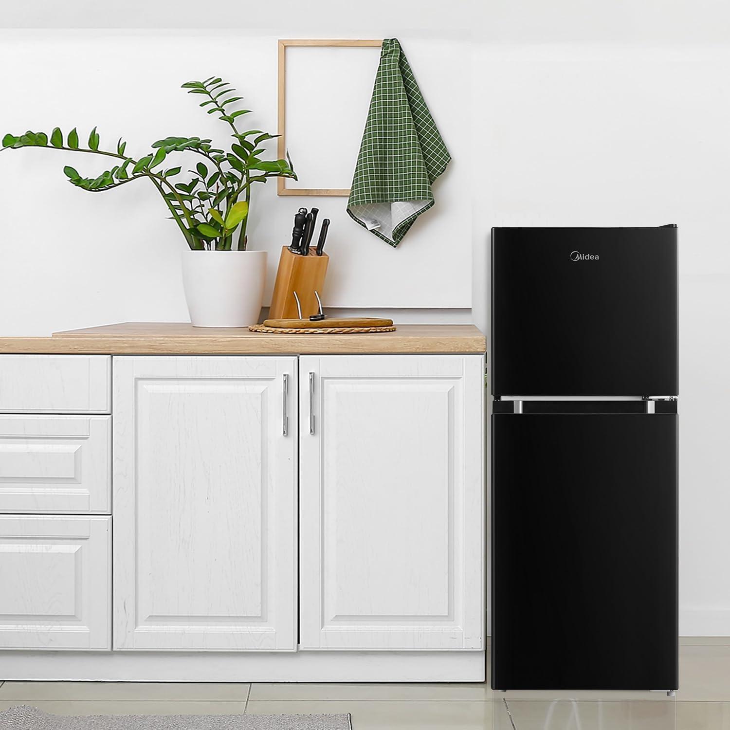 image:imageMidea WHD113FSS1 Double Door Mini Fridge with Freezer for Bedroom Office or Dorm with Adjustable Remove Glass Shelves Compact Refrigerator 31 cu ft Stainless SteelBlack
