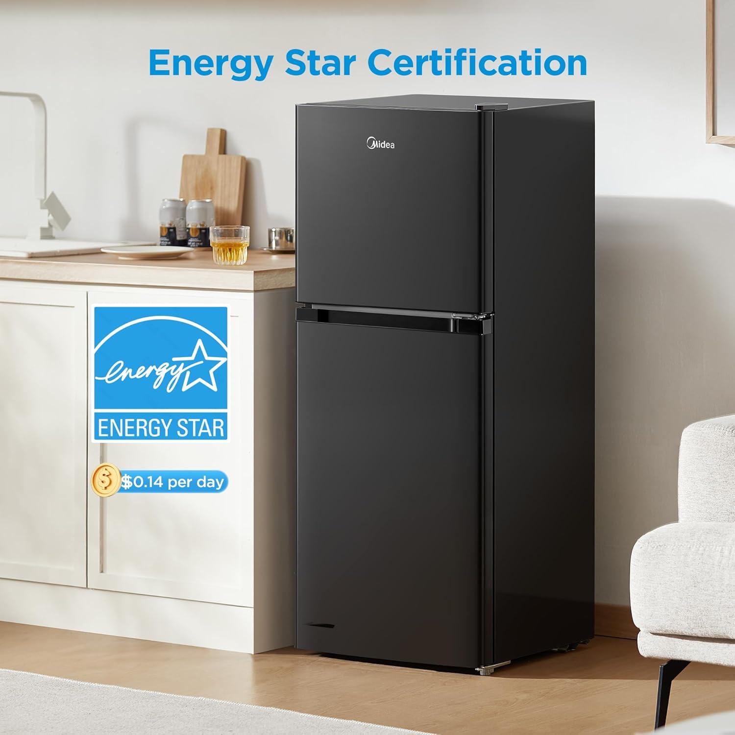 image:imageMidea WHD113FSS1 Double Door Mini Fridge with Freezer for Bedroom Office or Dorm with Adjustable Remove Glass Shelves Compact Refrigerator 31 cu ft Stainless SteelBlack
