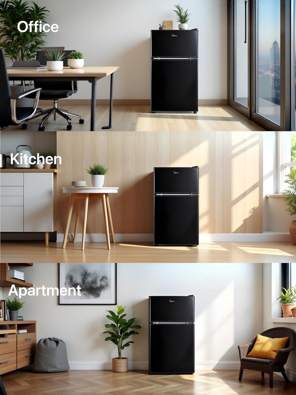 image:imageMidea WHD113FSS1 Double Door Mini Fridge with Freezer for Bedroom Office or Dorm with Adjustable Remove Glass Shelves Compact Refrigerator 31 cu ft Stainless SteelBlack