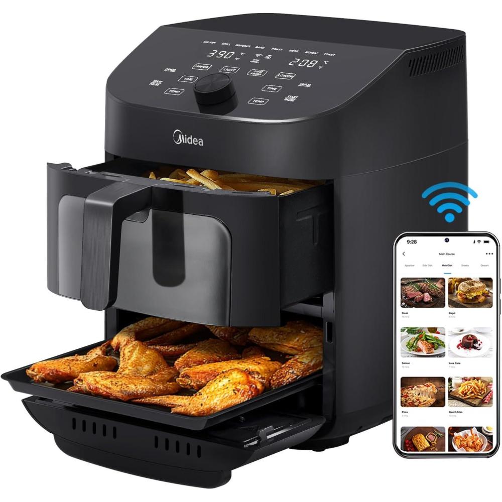 image:imageMidea Dual Basket Air Fryer Oven 11 Quart 8 in 1 Functions Clear Window Smart Sync Finish Works with Alexa WiFi Connectivity 50 App Recipes for family meals Bake Roast Grill Broil Toast