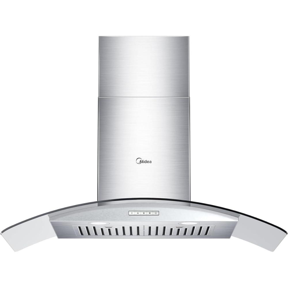 image:imageMidea MVP30W6AST Ducted Pyramid Range 450 CFM Stainless Steel Wall Mount Vent Hood with 3 Speed Exhaust Fan 5Layer Aluminum Permanent Filters Two LED Lights Convertible to Ductless 30 inchesCurved Glass Hood