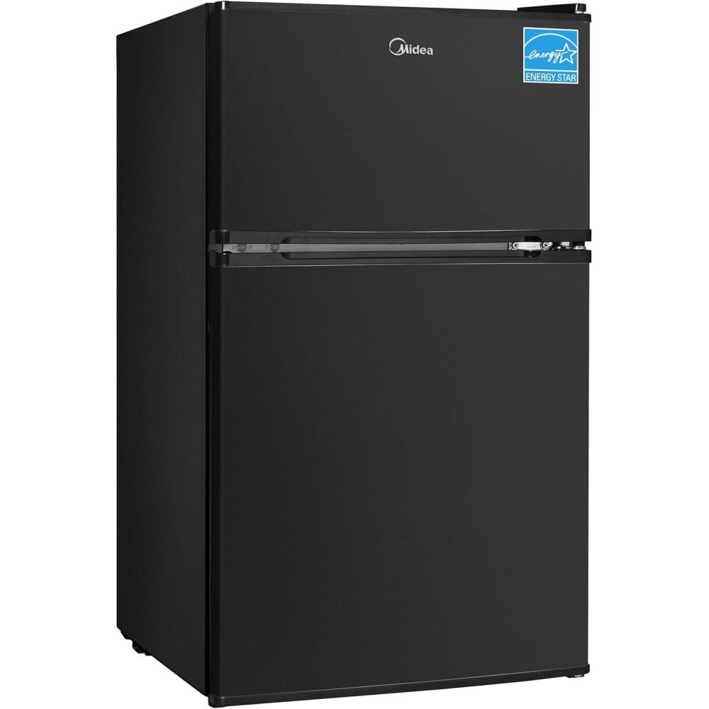 image:imageMidea WHD113FSS1 Double Door Mini Fridge with Freezer for Bedroom Office or Dorm with Adjustable Remove Glass Shelves Compact Refrigerator 31 cu ft Stainless SteelBlack