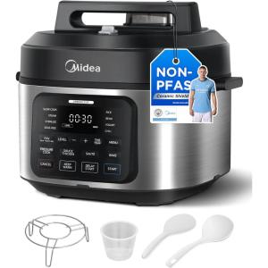 Midea 9-in-1 Multi Cooker, 6L with 12 Cooking Functions Pressure Cook (Slow&Rice Cooker, Sous Vide, Cake Maker, etc.), 70% Faster, Non-Stick Brushed Steel & Black
