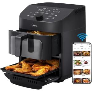 Midea Dual Basket Air Fryer Oven 11 Quart 8 in 1 Functions, Clear Window, Smart Sync Finish, Works with Alexa, Wi-Fi Connectivity, 50+ App Recipes for family meals, Bake, Roast, Grill, Broil, Toast