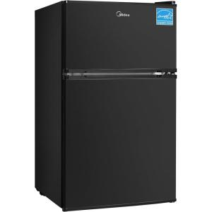 Midea WHD-113FSS1 Double Door Mini Fridge with Freezer for Bedroom Office or Dorm with Adjustable Remove Glass Shelves Compact Refrigerator, 3.1 cu ft, Stainless Steel(Black)